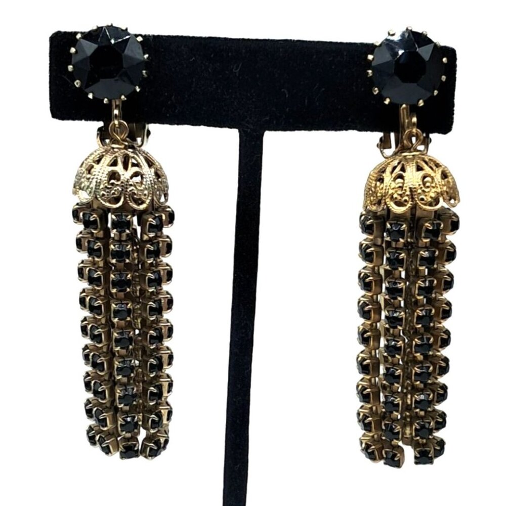 Vintage Weiss Necklace Earrings Set Black Rhinestones Tassel Long Dangling Chain - Picture 2 of 9